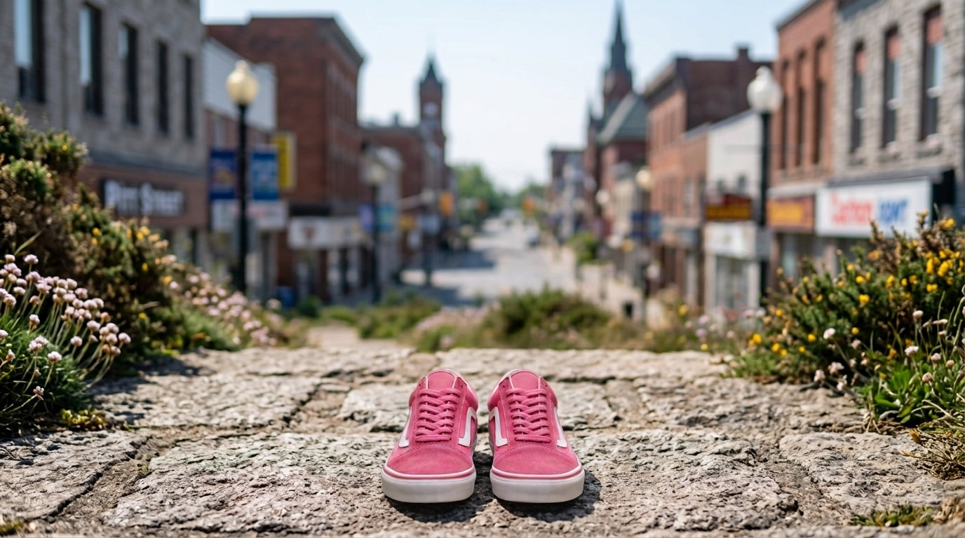 Chaussure rose posée sur le sol au dessus d'un escalier en Pierre avec la ville en arrière plan
