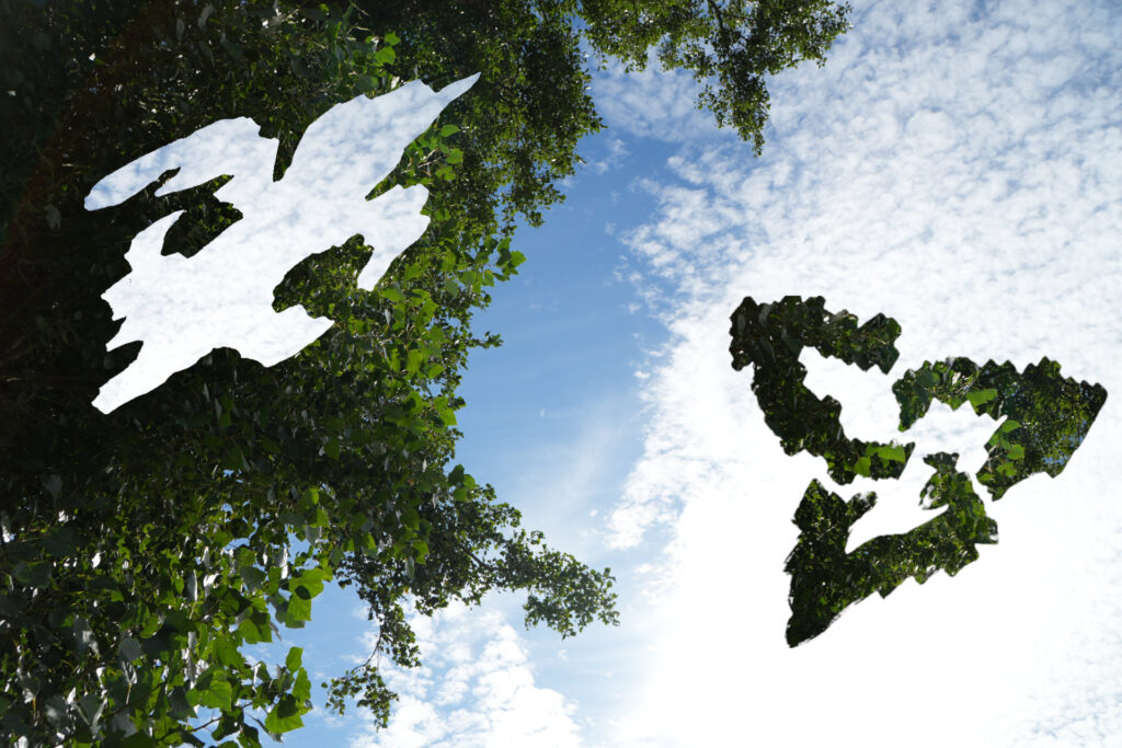 Photo montage du drapeau franco-ontarien avec un arbre et des nuages blanc dans un ciel bleu