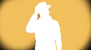 Silhouette d'un homme avec un chapeau blanche sur fond jaune et des coins ombrés de noir